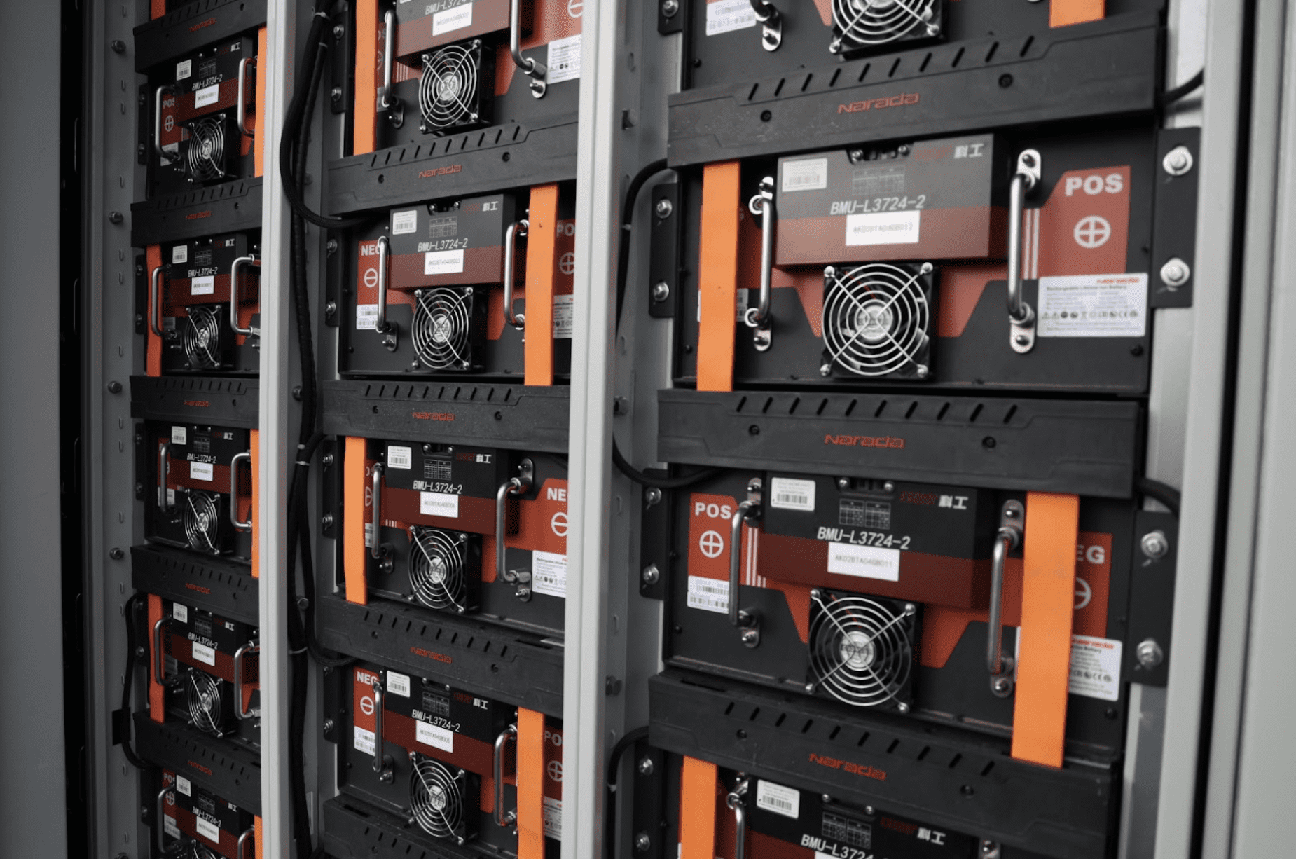 Rack-mounted battery cells packed inside of NJUS' new Battery Energy Storage System. Ben Townsend photo. 